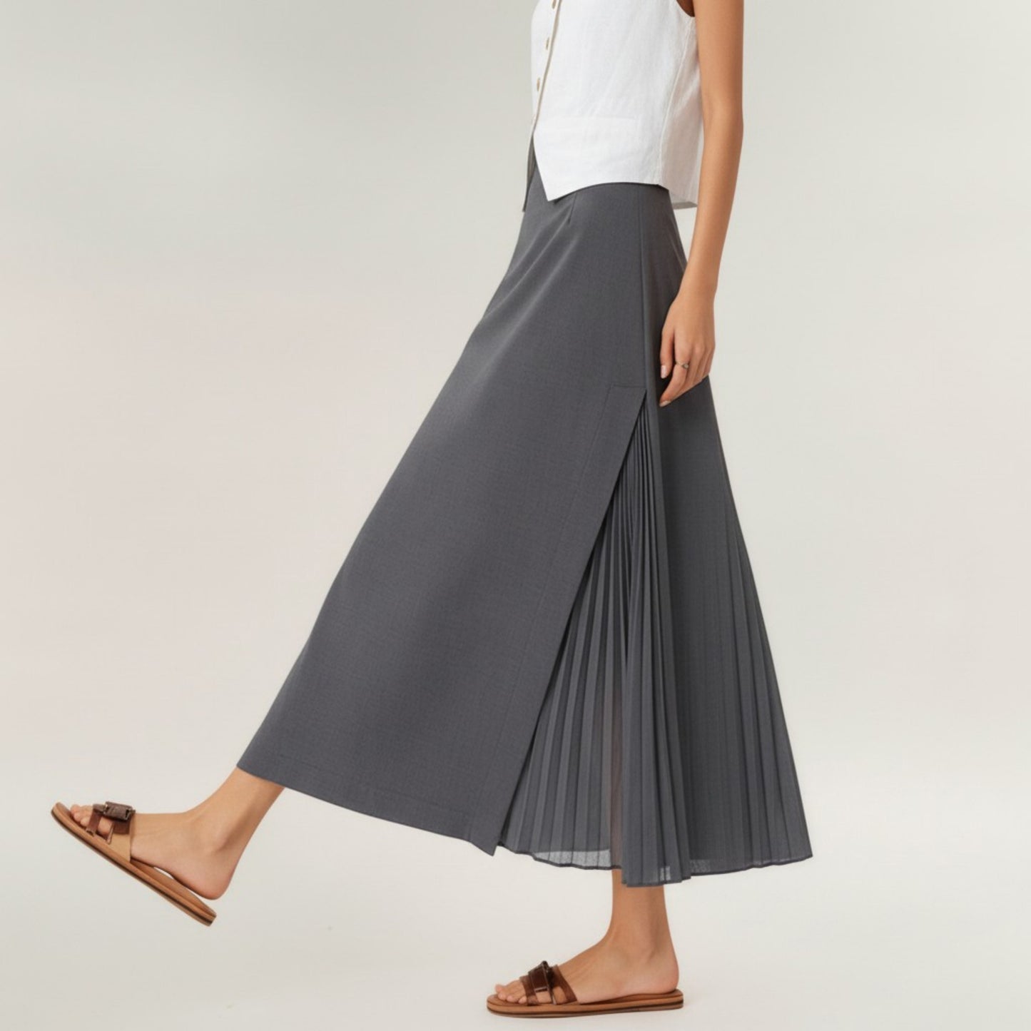 Maxi Skirt with Sleek Straight Silhouette and Soft Pleated Side Panel Detail for Elegant Flowing Movement