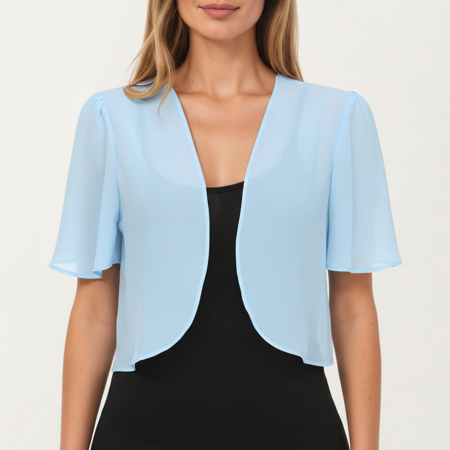 Short Sleeve Chiffon Bolero Shrug with Soft Draped Open Front and Lightweight Flowing Silhouette
