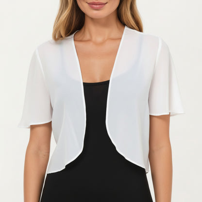 Short Sleeve Chiffon Bolero Shrug with Soft Draped Open Front and Lightweight Flowing Silhouette