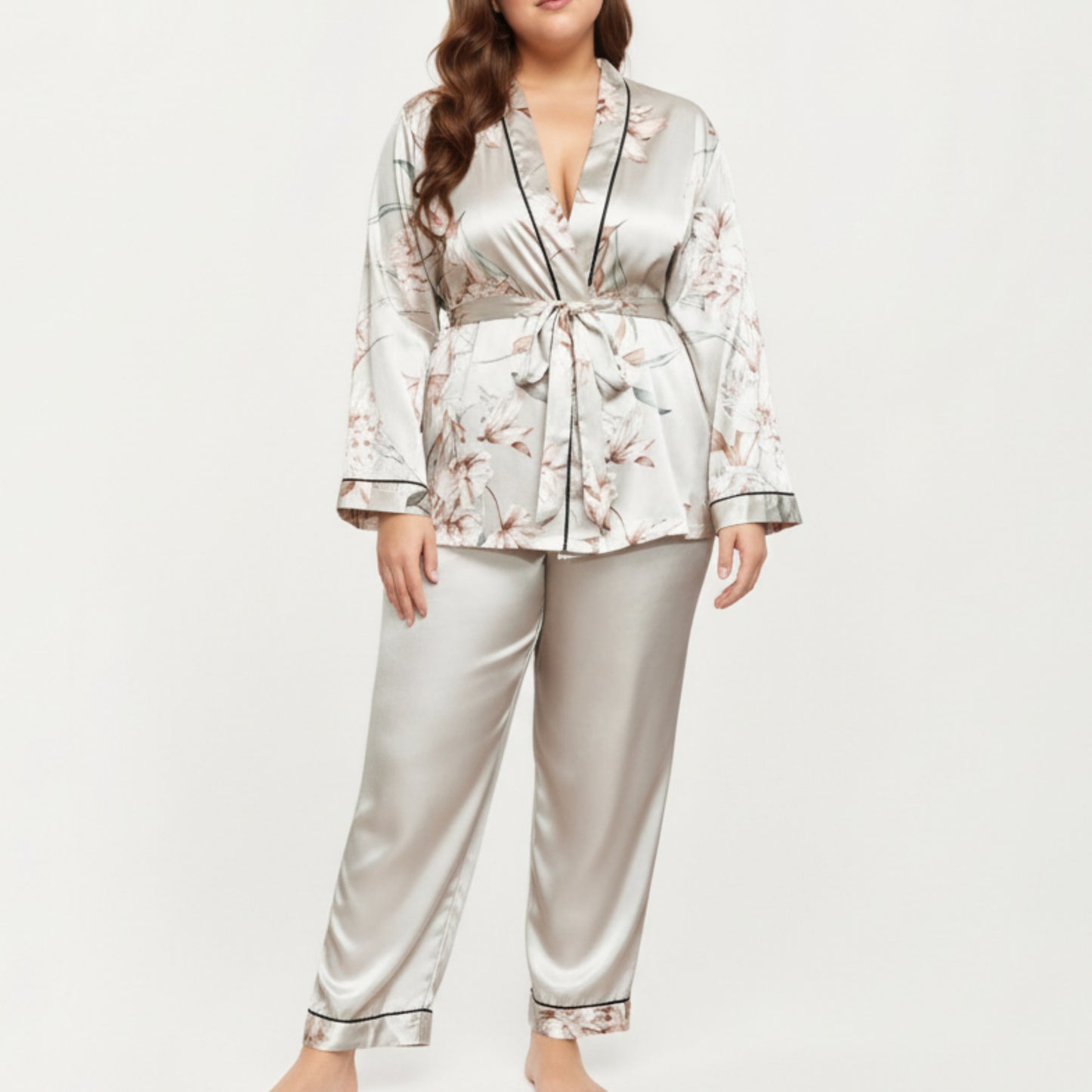 PLus Size Satin Pajama Set with Wrap Front Tie Waist Top and Straight Leg Pants