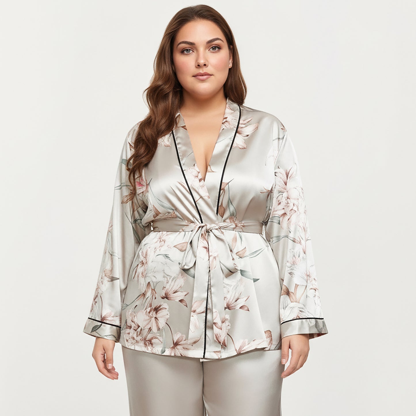 PLus Size Satin Pajama Set with Wrap Front Tie Waist Top and Straight Leg Pants