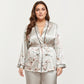 PLus Size Satin Pajama Set with Wrap Front Tie Waist Top and Straight Leg Pants