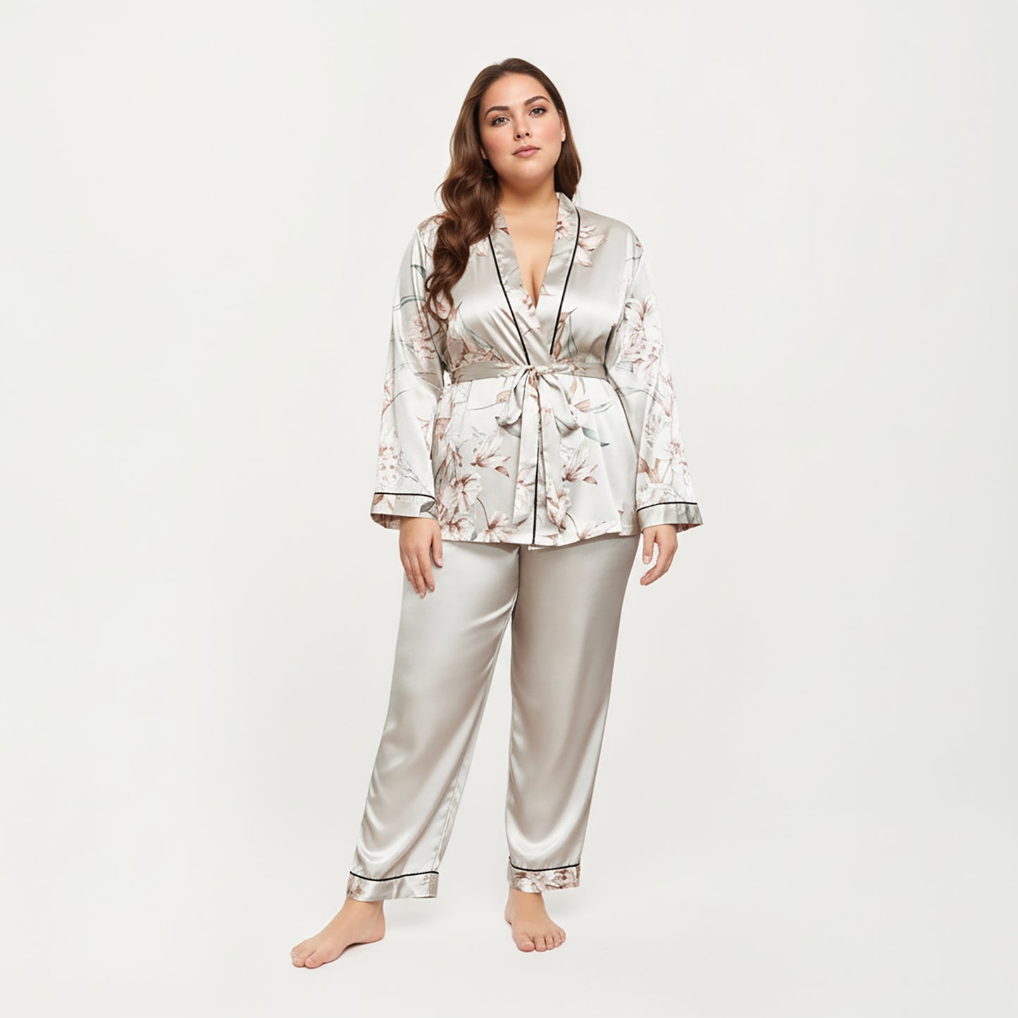 PLus Size Satin Pajama Set with Wrap Front Tie Waist Top and Straight Leg Pants