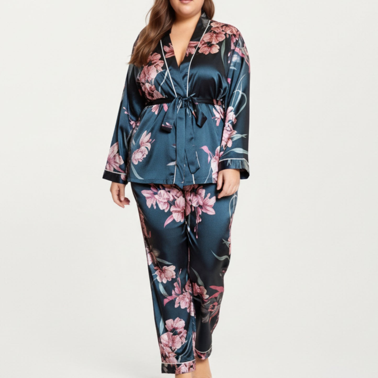 PLus Size Satin Pajama Set with Wrap Front Tie Waist Top and Straight Leg Pants