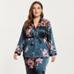 PLus Size Satin Pajama Set with Wrap Front Tie Waist Top and Straight Leg Pants
