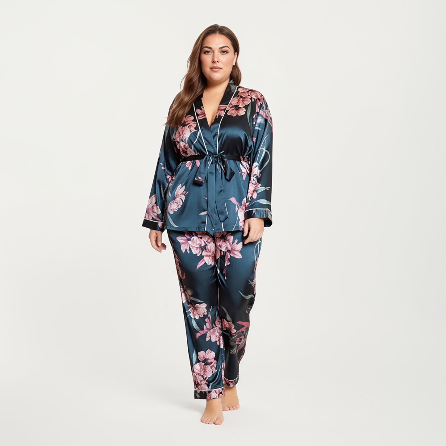 PLus Size Satin Pajama Set with Wrap Front Tie Waist Top and Straight Leg Pants