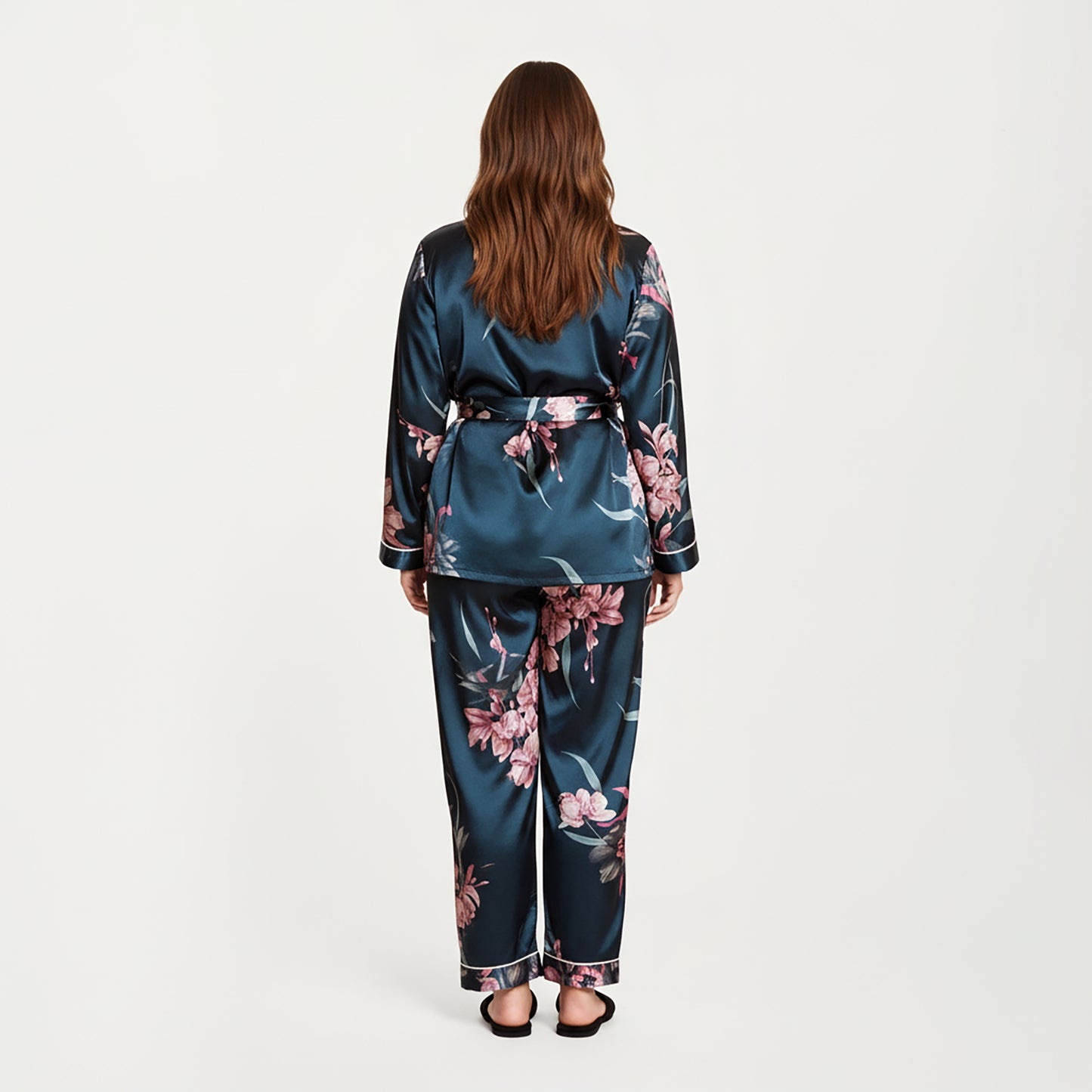 PLus Size Satin Pajama Set with Wrap Front Tie Waist Top and Straight Leg Pants