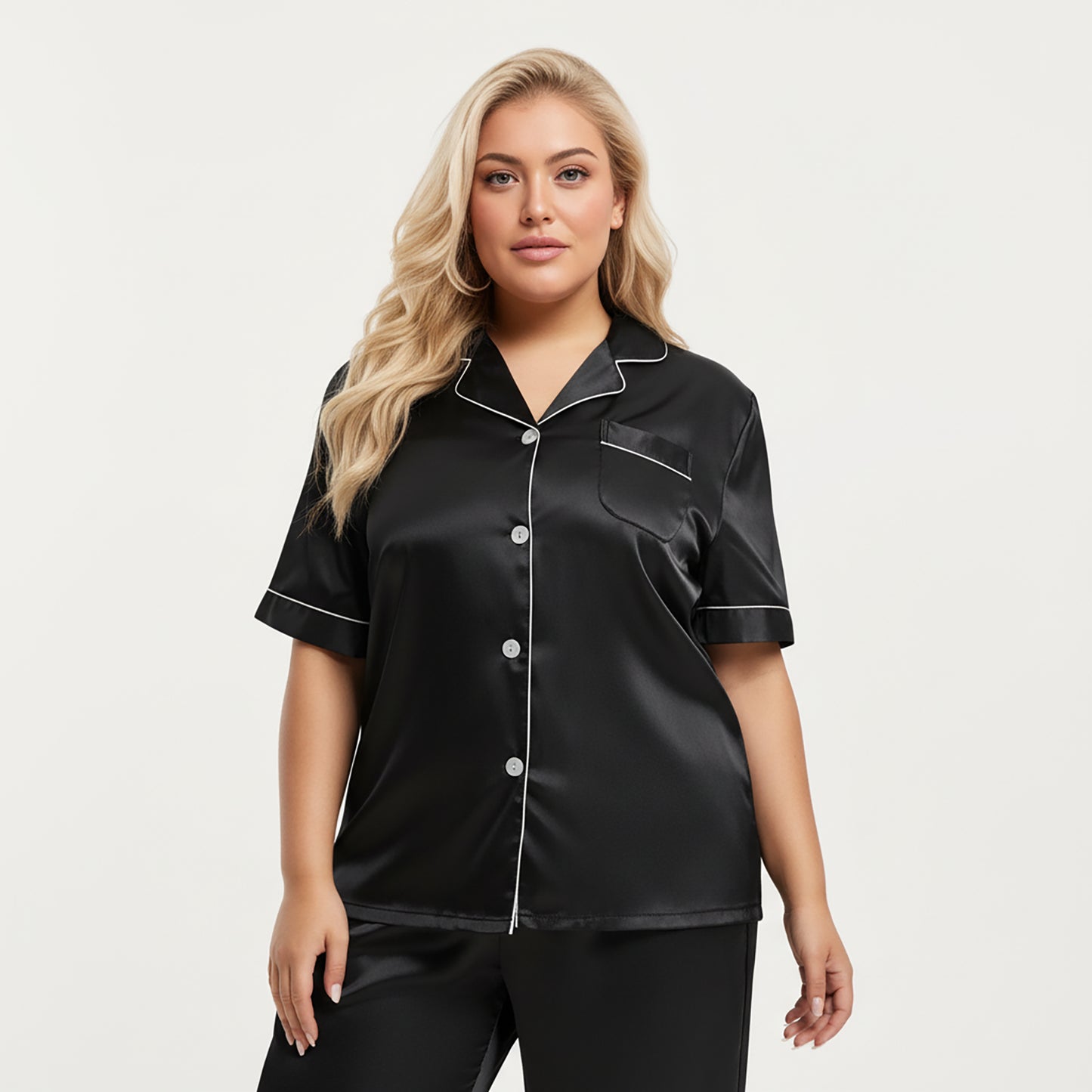 PLus Size Satin Pajama Set with Short Sleeve Button Front Top and Relaxed Straight Leg Pants