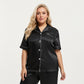PLus Size Satin Pajama Set with Short Sleeve Button Front Top and Relaxed Straight Leg Pants