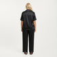 PLus Size Satin Pajama Set with Short Sleeve Button Front Top and Relaxed Straight Leg Pants