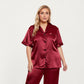 PLus Size Satin Pajama Set with Short Sleeve Button Front Top and Relaxed Straight Leg Pants