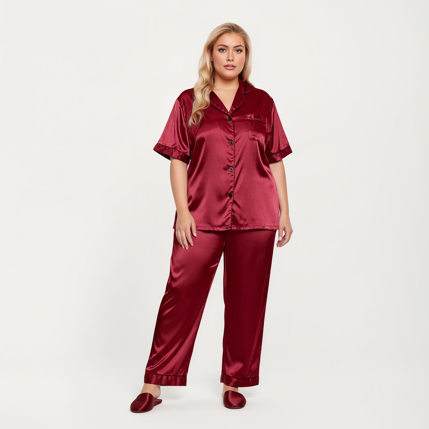 PLus Size Satin Pajama Set with Short Sleeve Button Front Top and Relaxed Straight Leg Pants