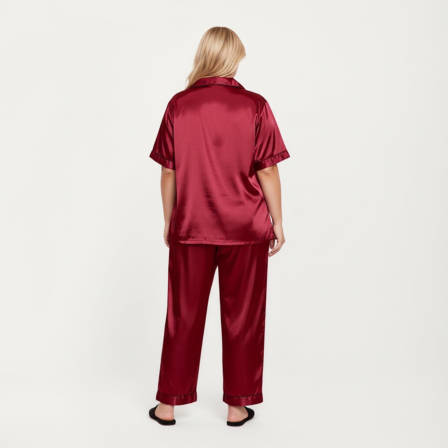 PLus Size Satin Pajama Set with Short Sleeve Button Front Top and Relaxed Straight Leg Pants