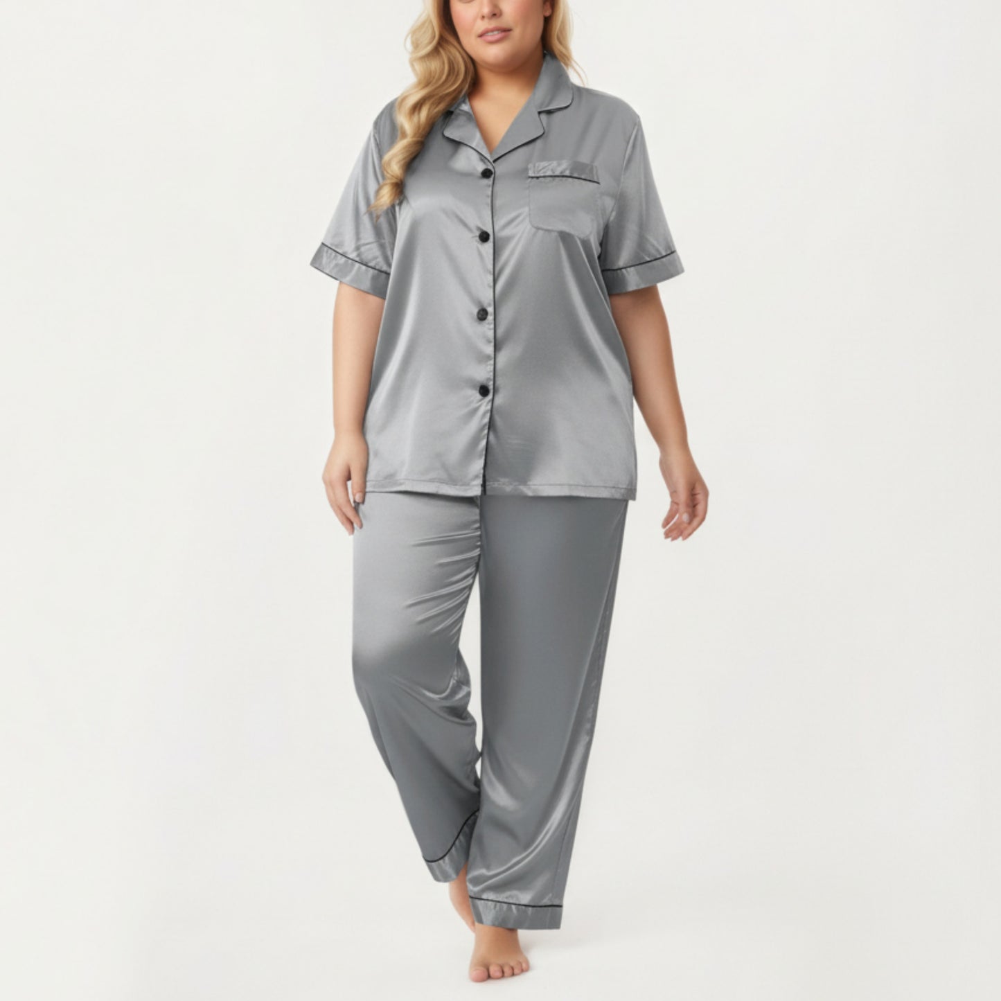 PLus Size Satin Pajama Set with Short Sleeve Button Front Top and Relaxed Straight Leg Pants