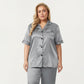 PLus Size Satin Pajama Set with Short Sleeve Button Front Top and Relaxed Straight Leg Pants