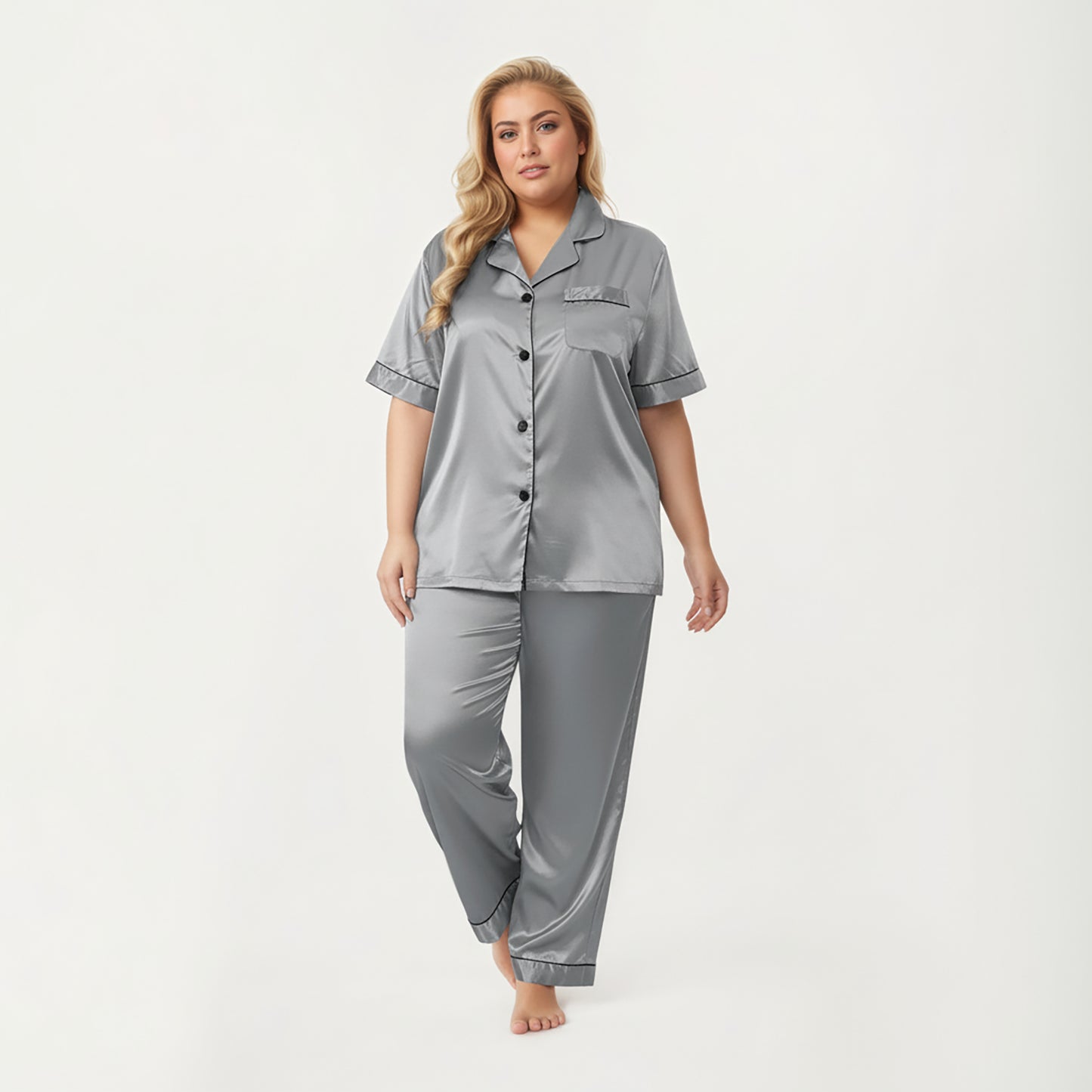 PLus Size Satin Pajama Set with Short Sleeve Button Front Top and Relaxed Straight Leg Pants