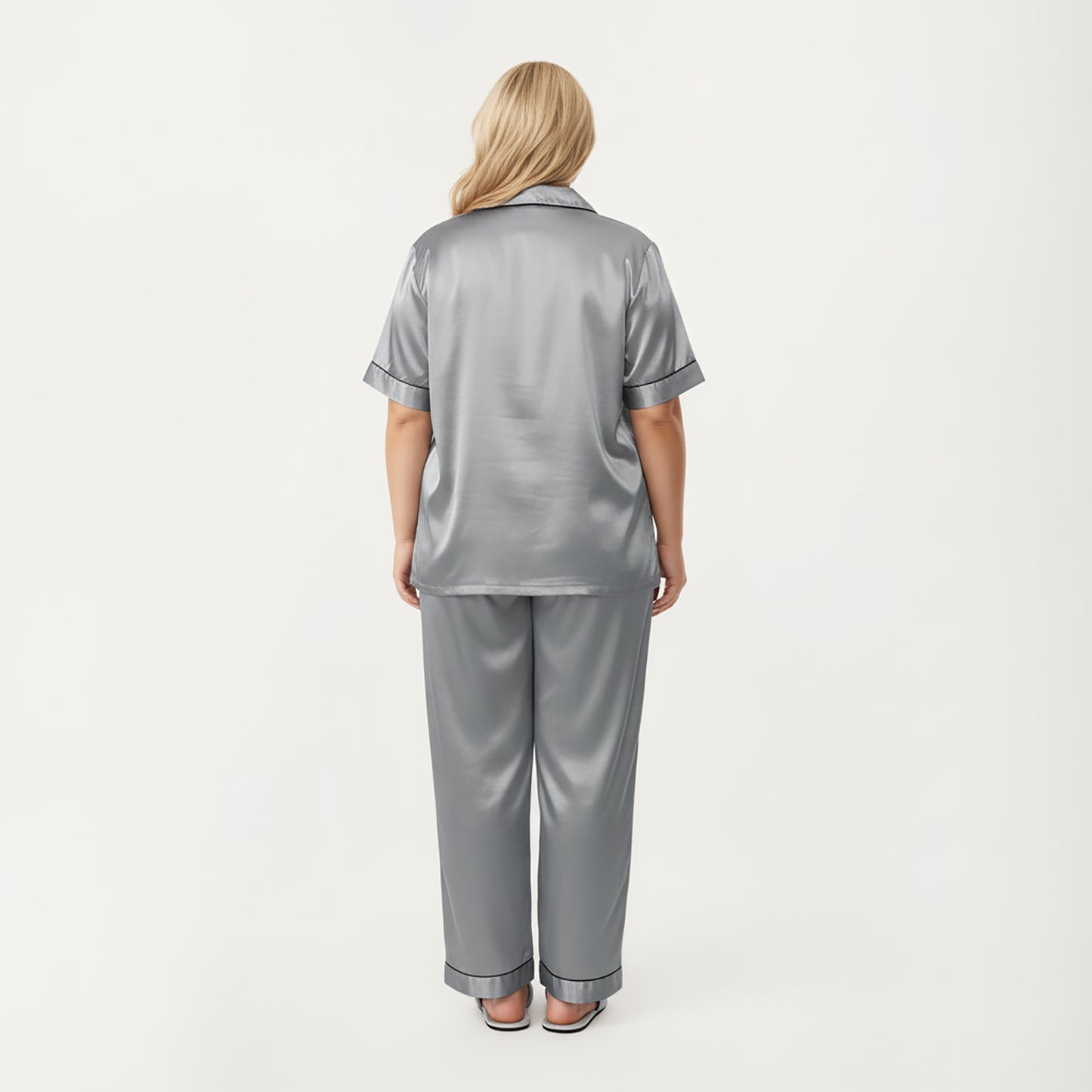 PLus Size Satin Pajama Set with Short Sleeve Button Front Top and Relaxed Straight Leg Pants