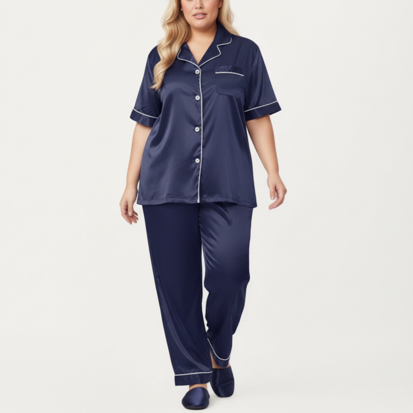 PLus Size Satin Pajama Set with Short Sleeve Button Front Top and Relaxed Straight Leg Pants