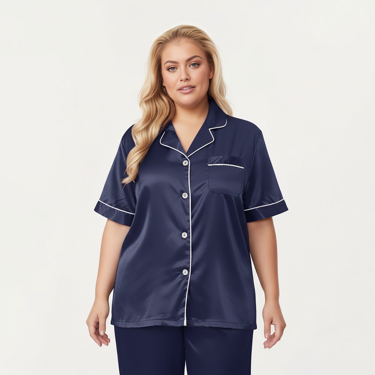 PLus Size Satin Pajama Set with Short Sleeve Button Front Top and Relaxed Straight Leg Pants