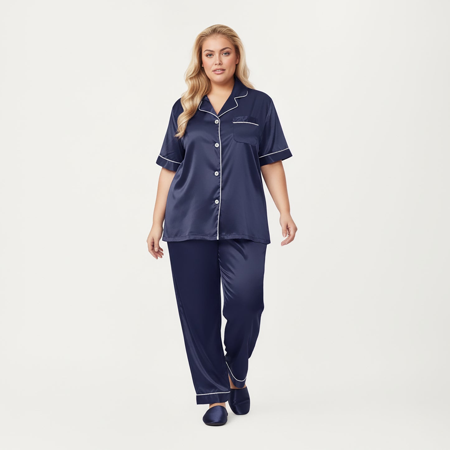 PLus Size Satin Pajama Set with Short Sleeve Button Front Top and Relaxed Straight Leg Pants