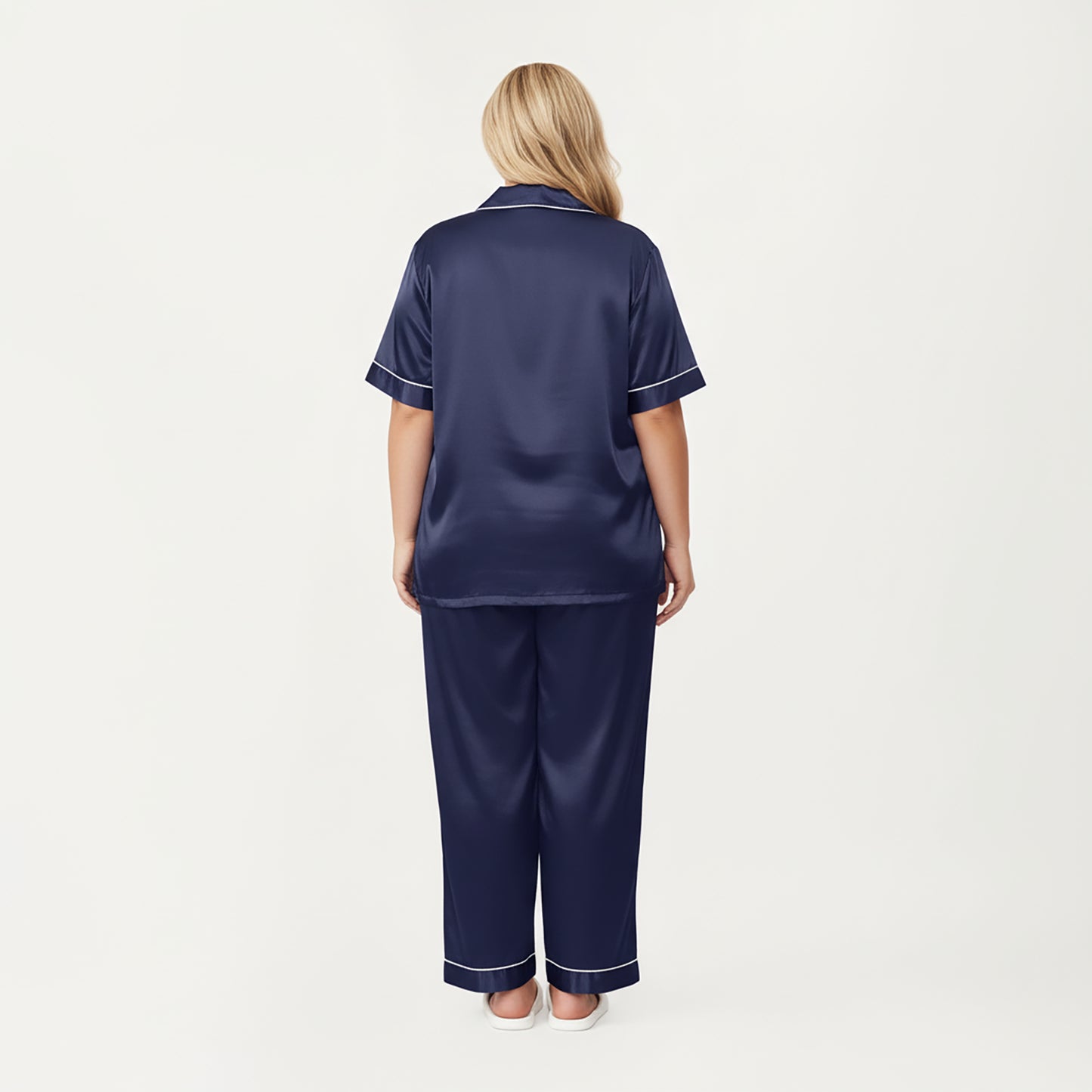PLus Size Satin Pajama Set with Short Sleeve Button Front Top and Relaxed Straight Leg Pants