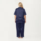 PLus Size Satin Pajama Set with Short Sleeve Button Front Top and Relaxed Straight Leg Pants