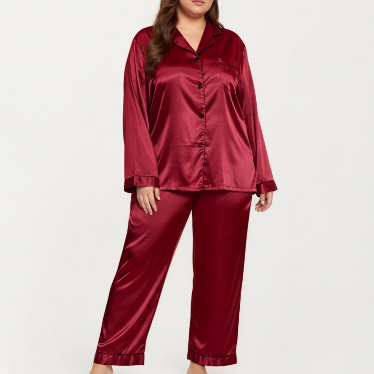 PLus Size Satin Pajama Set with Long Sleeve Button Front Top and Relaxed Straight Leg Pants