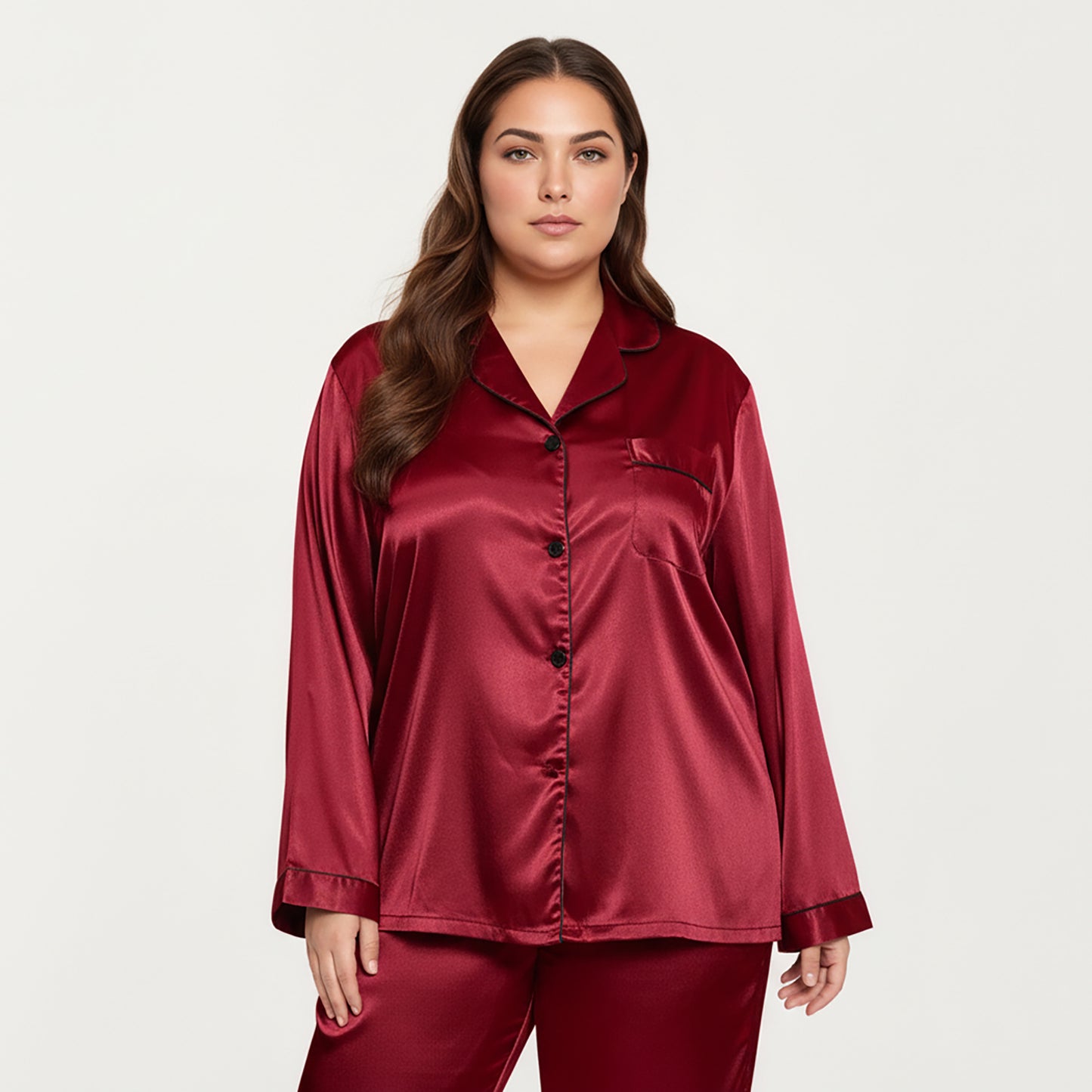 PLus Size Satin Pajama Set with Long Sleeve Button Front Top and Relaxed Straight Leg Pants