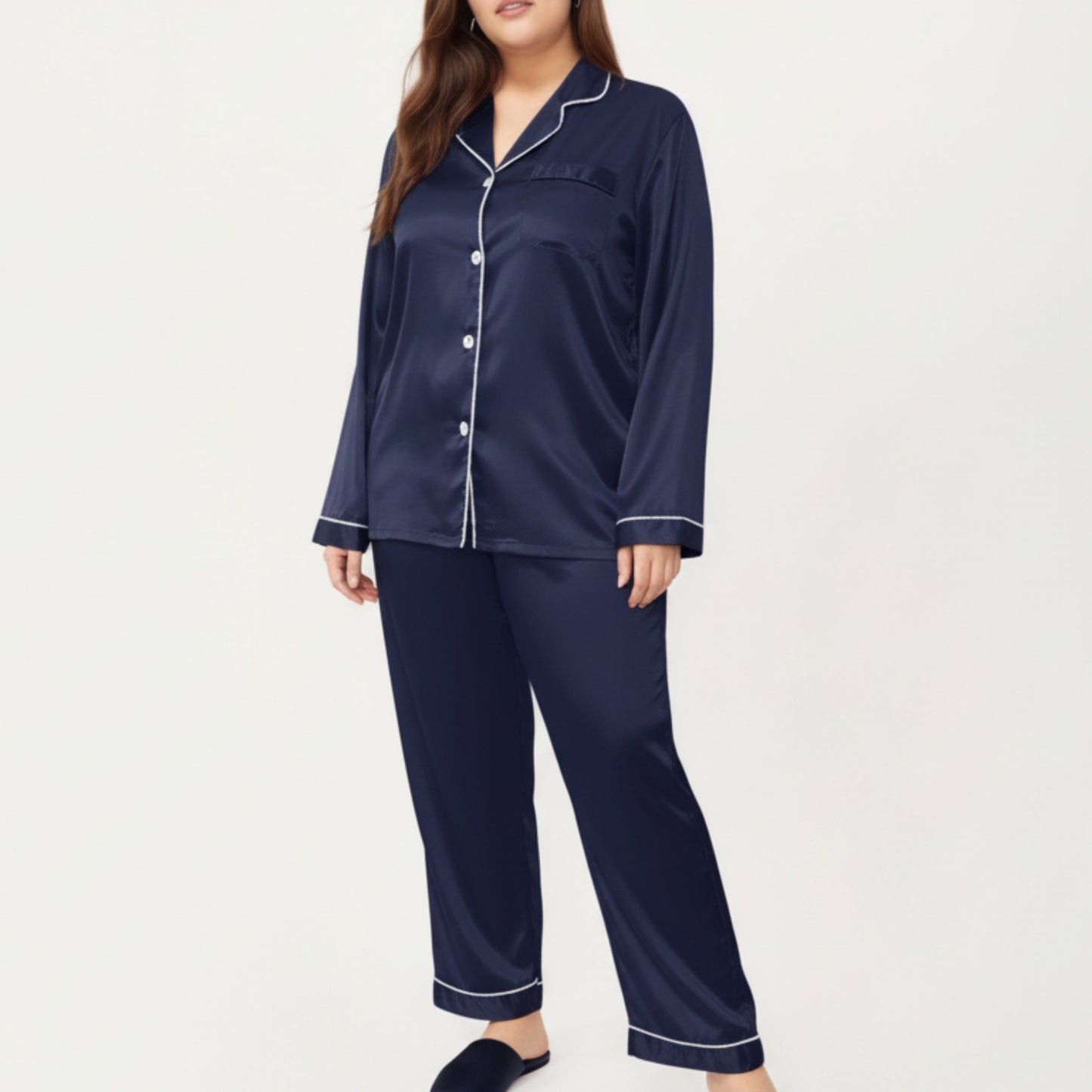 PLus Size Satin Pajama Set with Long Sleeve Button Front Top and Relaxed Straight Leg Pants