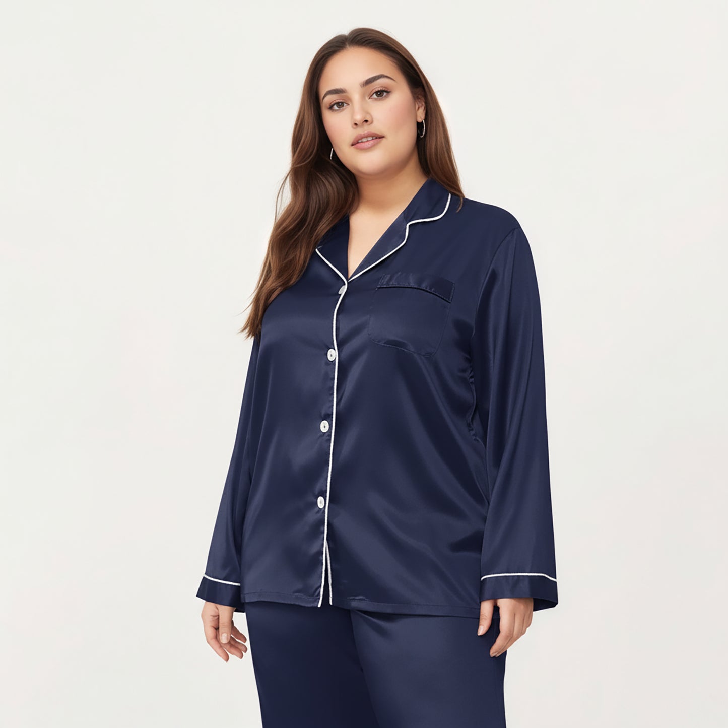 PLus Size Satin Pajama Set with Long Sleeve Button Front Top and Relaxed Straight Leg Pants