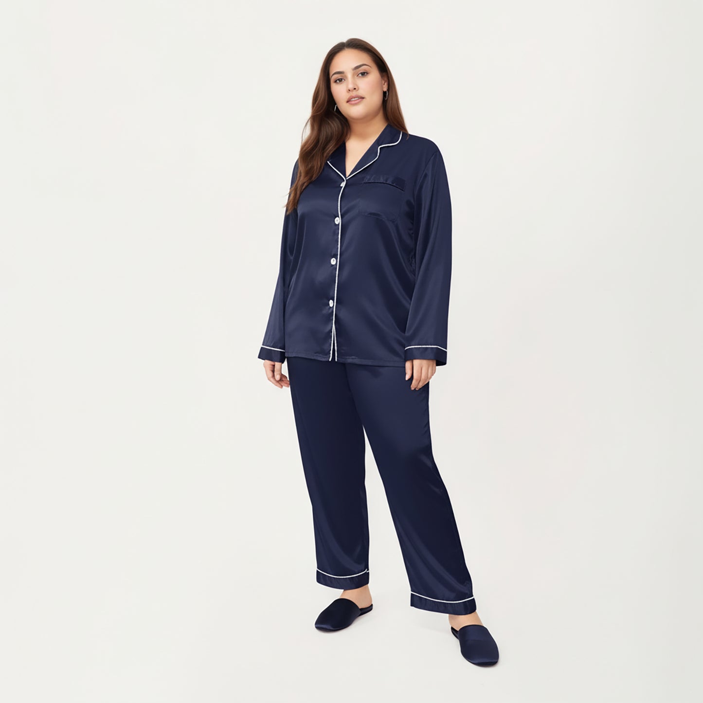 PLus Size Satin Pajama Set with Long Sleeve Button Front Top and Relaxed Straight Leg Pants