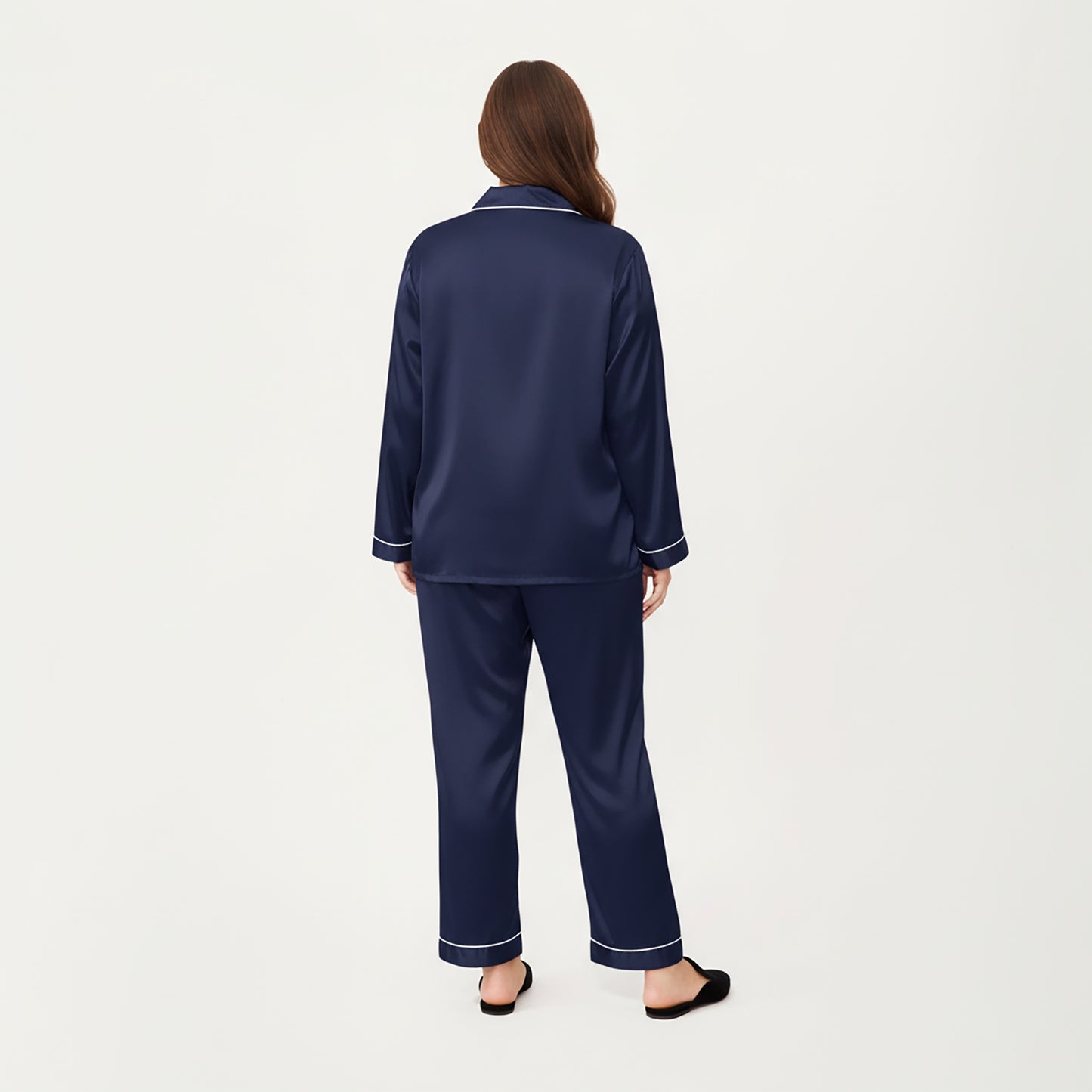 PLus Size Satin Pajama Set with Long Sleeve Button Front Top and Relaxed Straight Leg Pants