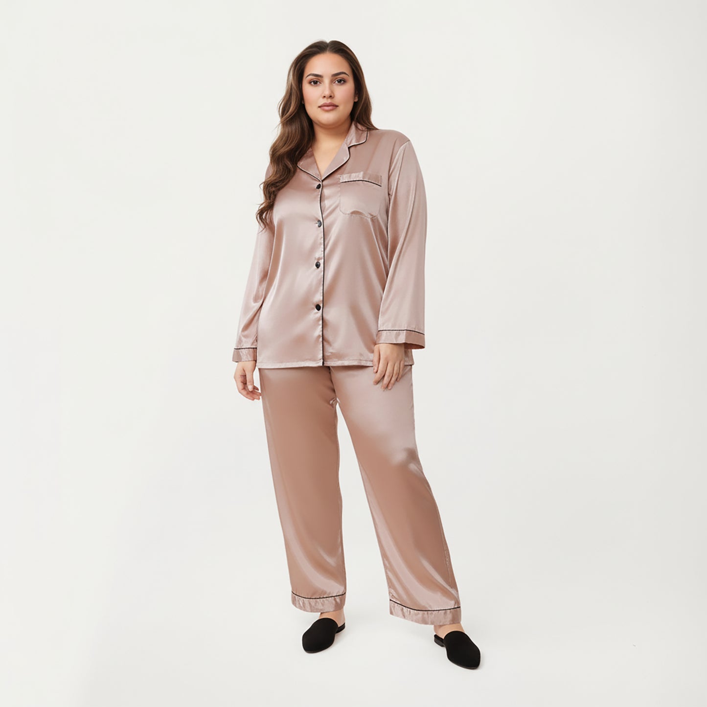 PLus Size Satin Pajama Set with Long Sleeve Button Front Top and Relaxed Straight Leg Pants