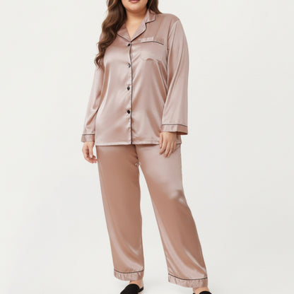 PLus Size Satin Pajama Set with Long Sleeve Button Front Top and Relaxed Straight Leg Pants
