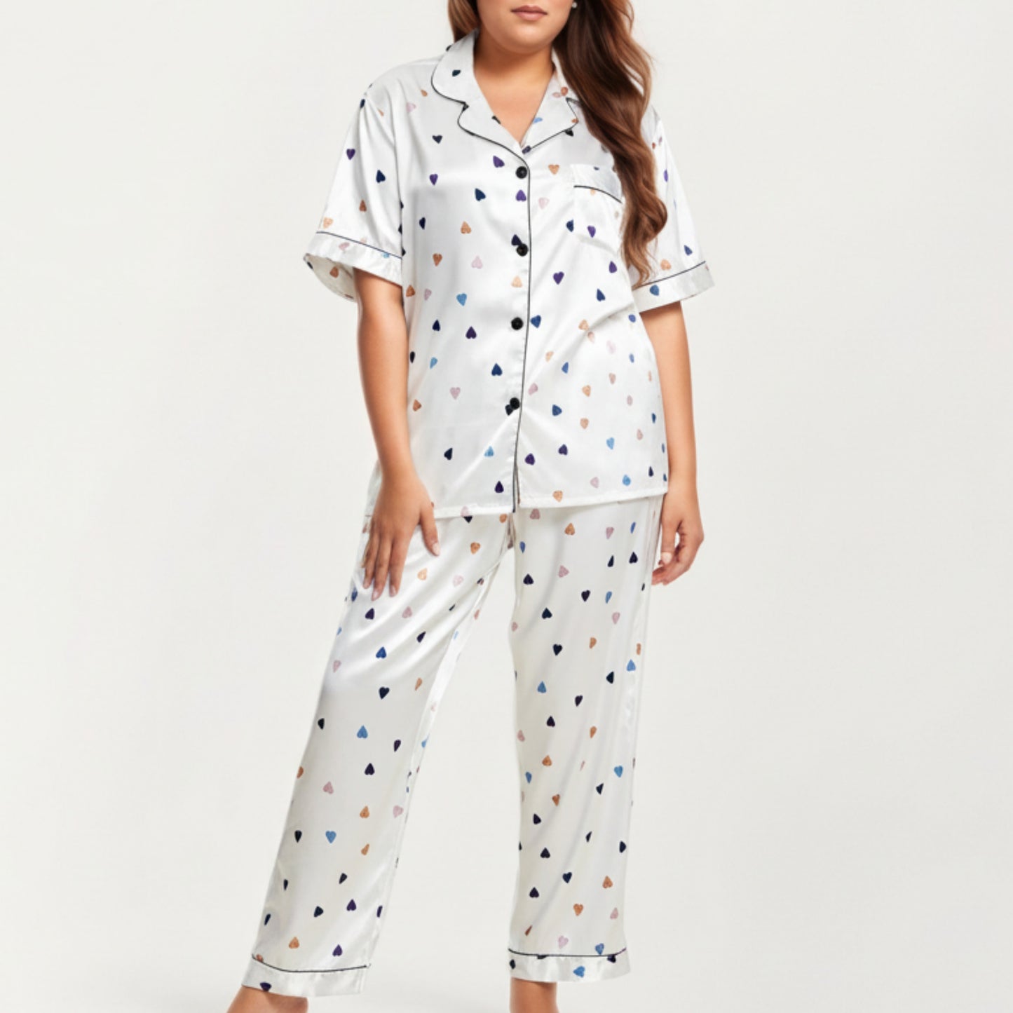 PLus Size Heart Print Satin Pajama Set with Short Sleeve Button Front Top and Relaxed Straight Leg Pants