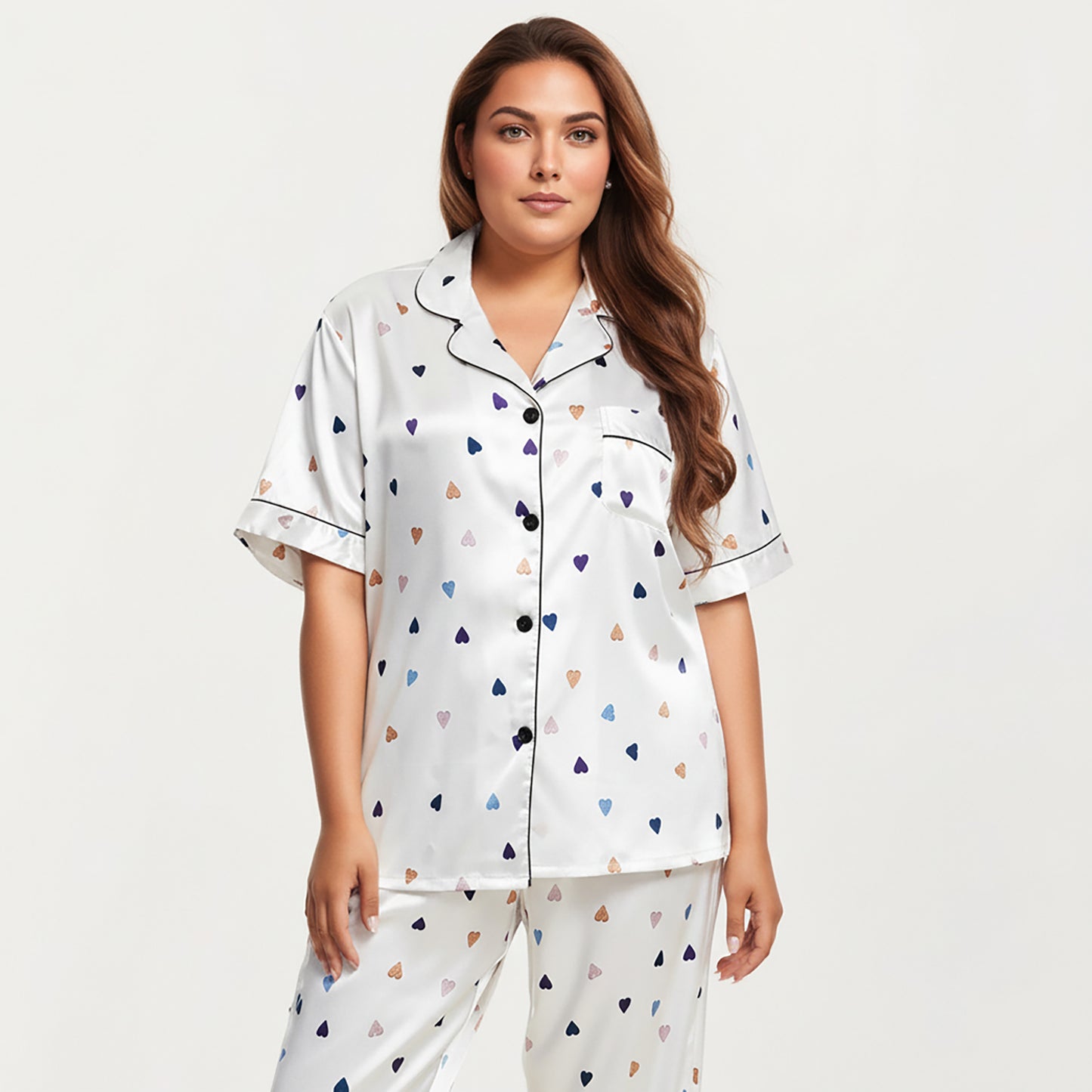 PLus Size Heart Print Satin Pajama Set with Short Sleeve Button Front Top and Relaxed Straight Leg Pants