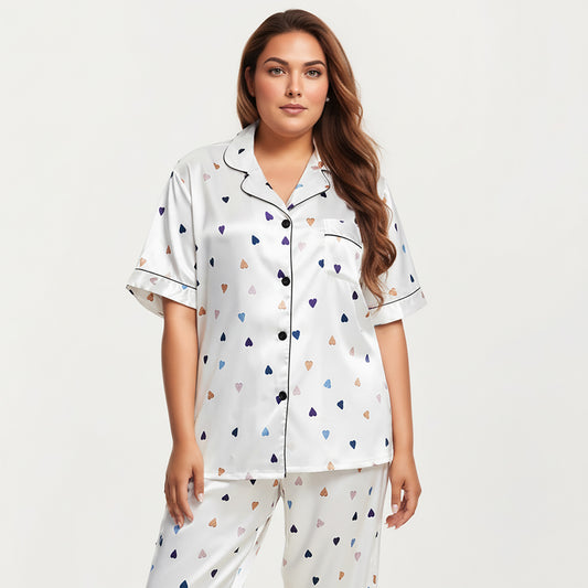 PLus Size Heart Print Satin Pajama Set with Short Sleeve Button Front Top and Relaxed Straight Leg Pants