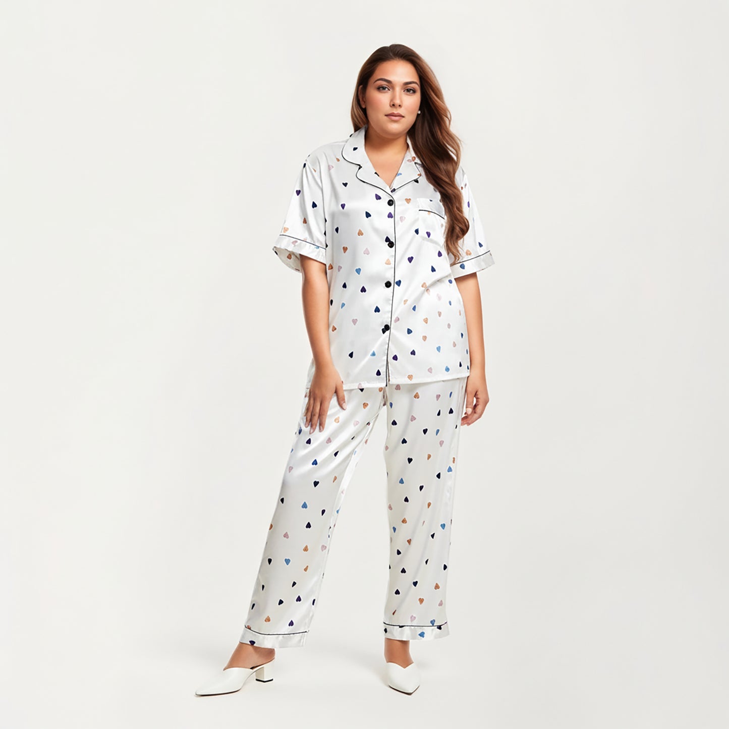 PLus Size Heart Print Satin Pajama Set with Short Sleeve Button Front Top and Relaxed Straight Leg Pants