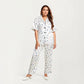 PLus Size Heart Print Satin Pajama Set with Short Sleeve Button Front Top and Relaxed Straight Leg Pants