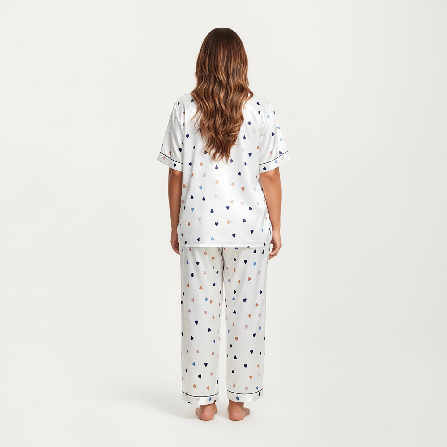 PLus Size Heart Print Satin Pajama Set with Short Sleeve Button Front Top and Relaxed Straight Leg Pants