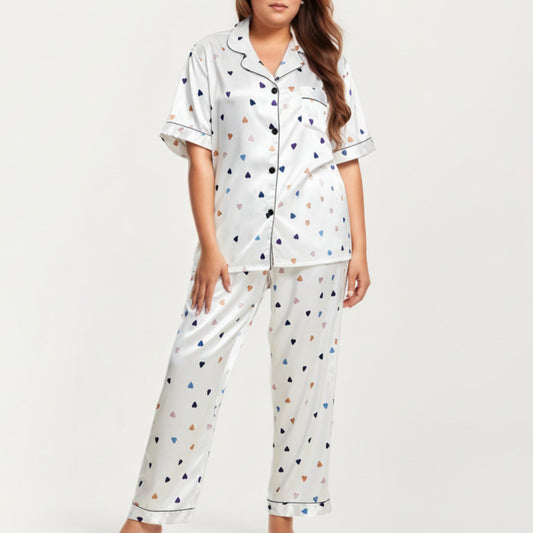 PLus Size Heart Print Satin Pajama Set with Short Sleeve Button Front Top and Relaxed Straight Leg Pants