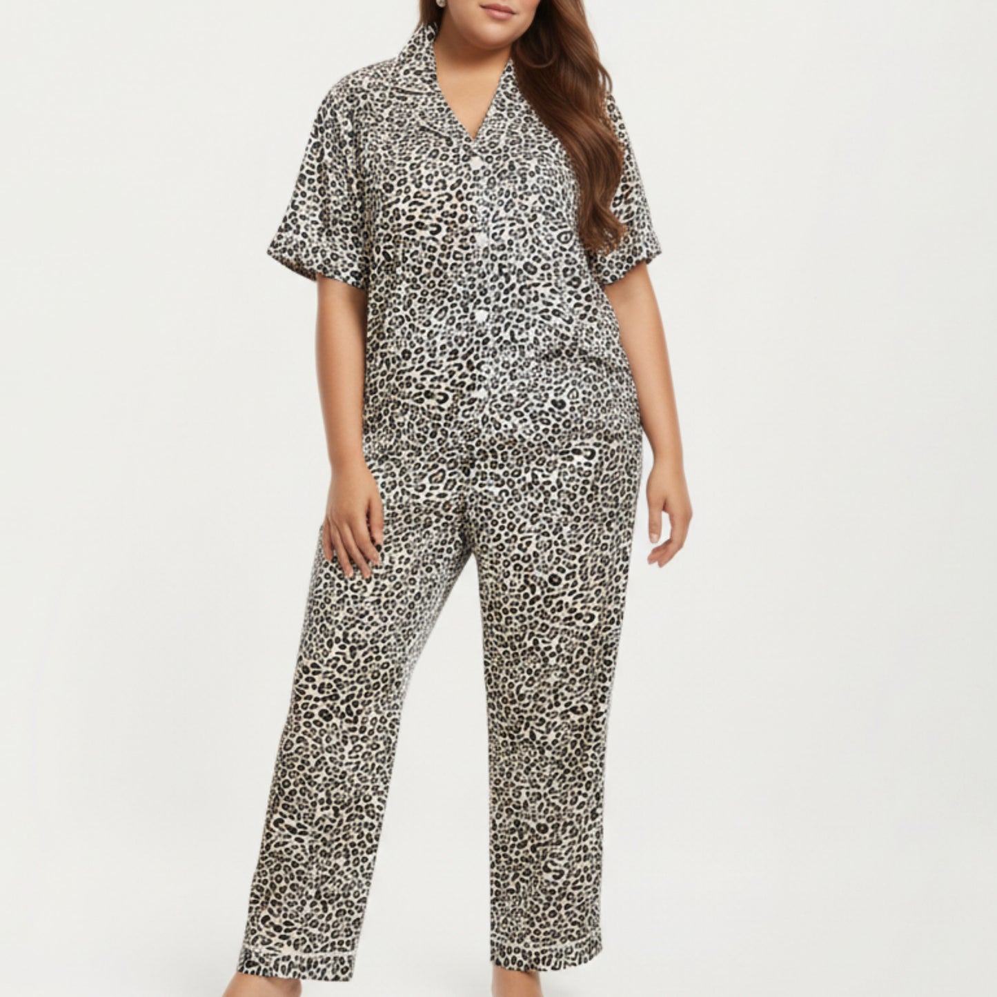 PLus Size Leopard Print Pajama Set with Soft Satin Finish Relaxed Button Front Top and Straight Leg Pants
