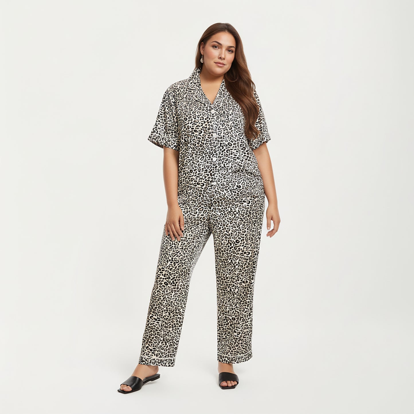 PLus Size Leopard Print Pajama Set with Soft Satin Finish Relaxed Button Front Top and Straight Leg Pants