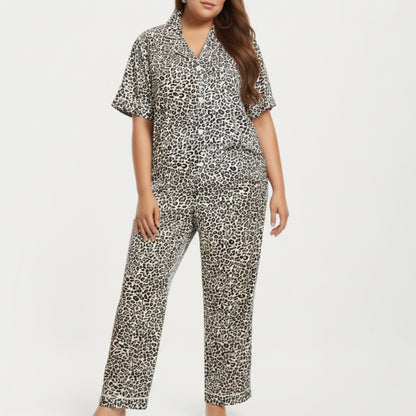 PLus Size Leopard Print Pajama Set with Soft Satin Finish Relaxed Button Front Top and Straight Leg Pants