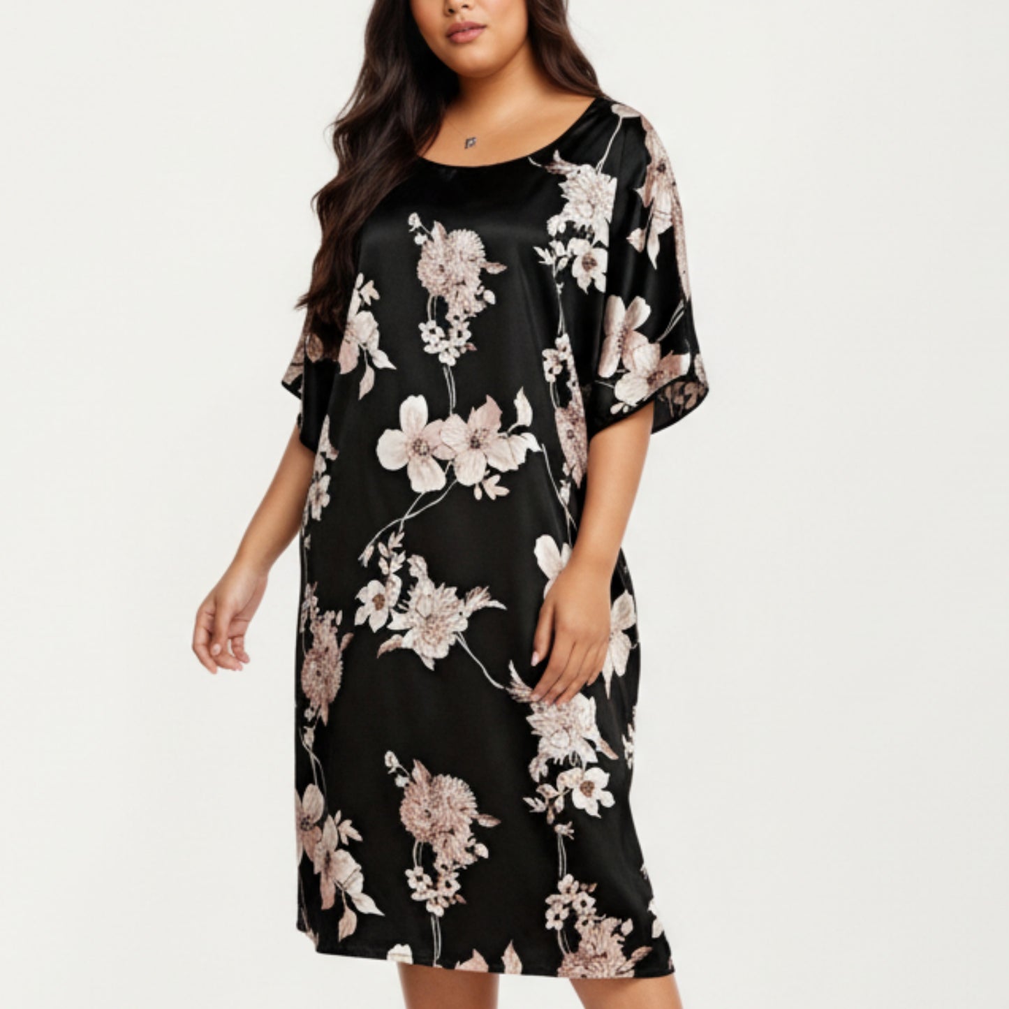 PLus Size Satin Nightgown with Allover Floral Print Relaxed Fit Scoop Neckline and Flowing Short Sleeves