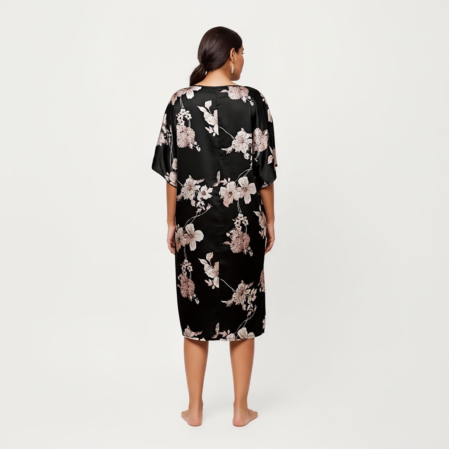 PLus Size Satin Nightgown with Allover Floral Print Relaxed Fit Scoop Neckline and Flowing Short Sleeves