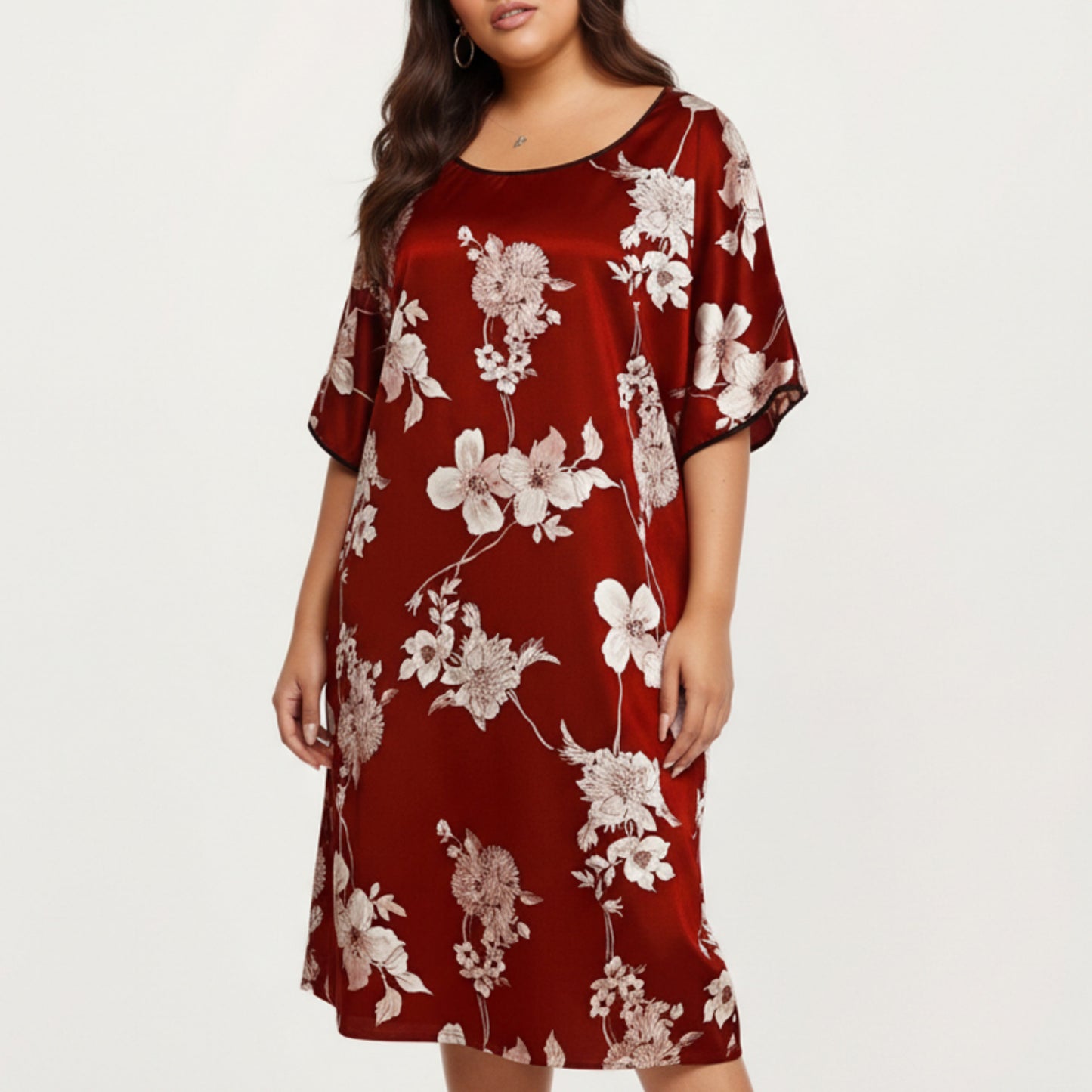 PLus Size Satin Nightgown with Allover Floral Print Relaxed Fit Scoop Neckline and Flowing Short Sleeves