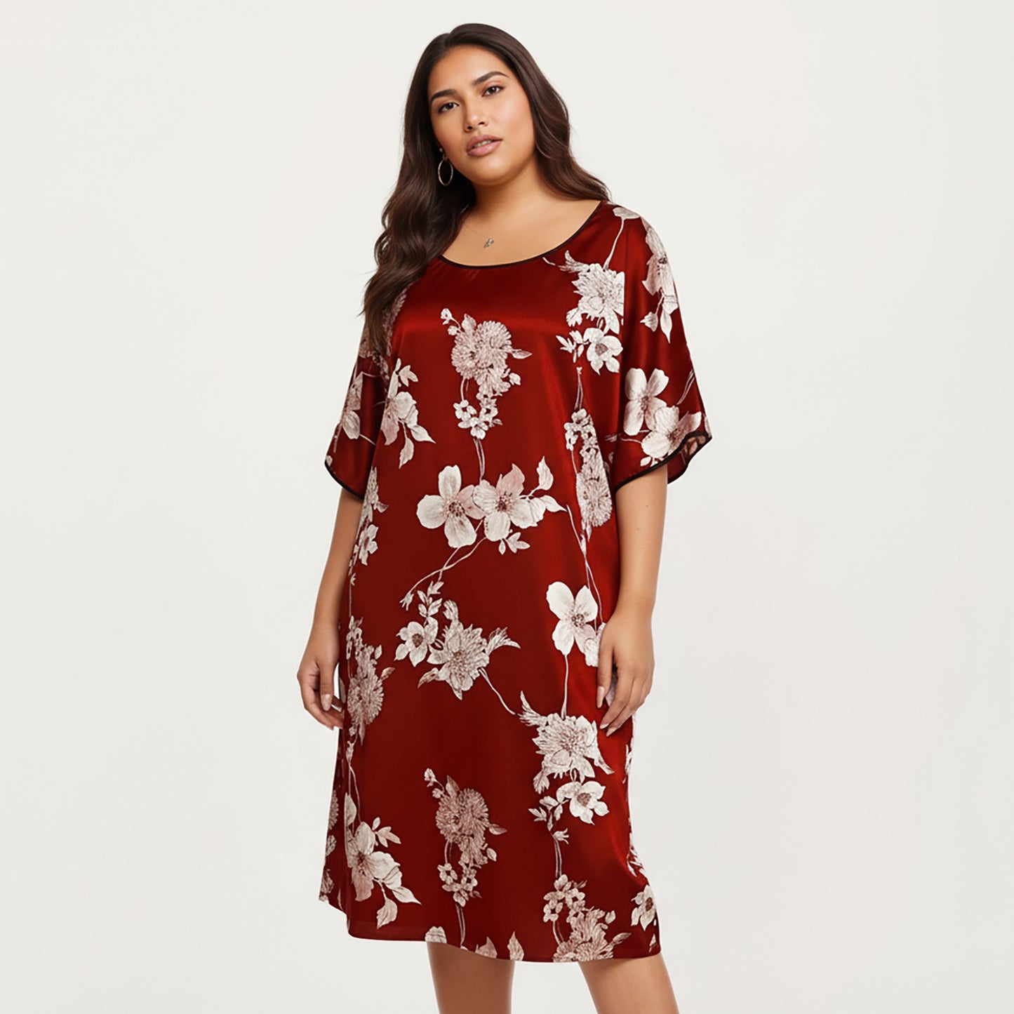 PLus Size Satin Nightgown with Allover Floral Print Relaxed Fit Scoop Neckline and Flowing Short Sleeves