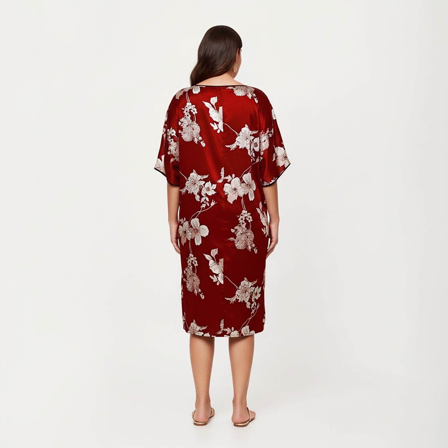 PLus Size Satin Nightgown with Allover Floral Print Relaxed Fit Scoop Neckline and Flowing Short Sleeves