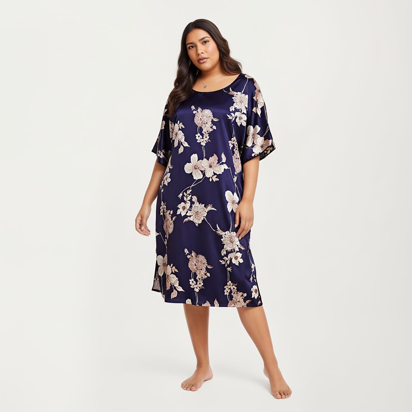 PLus Size Satin Nightgown with Allover Floral Print Relaxed Fit Scoop Neckline and Flowing Short Sleeves